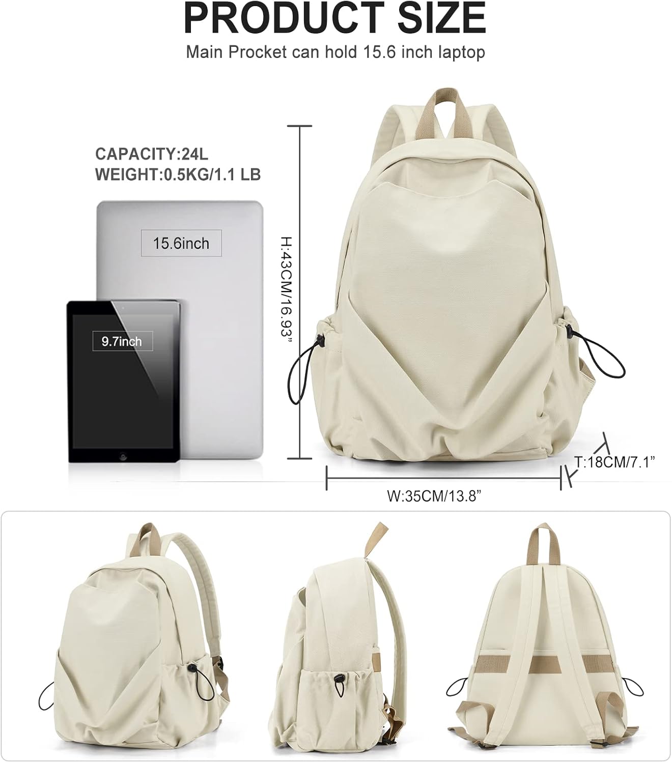 Basic High School Backpack For Women Men,Lightweight Casual Daypack Backpack For College Students,Aesthetic Middle School Bag,Cute Bookbag For Teen Girls Boys(Beige)