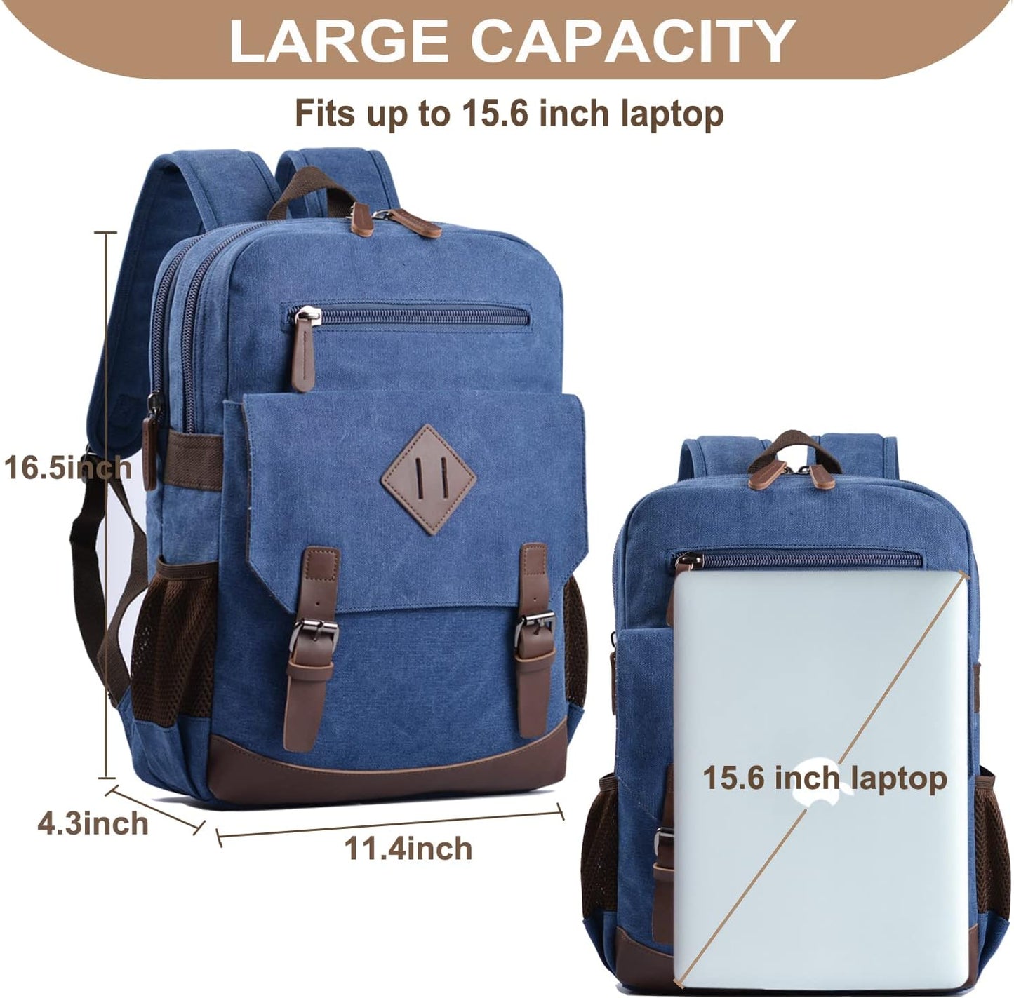 Canvas Vintage Laptop Backpack for Women Men,College Bookbag Fits 15.6 Inch Laptop (Blue)