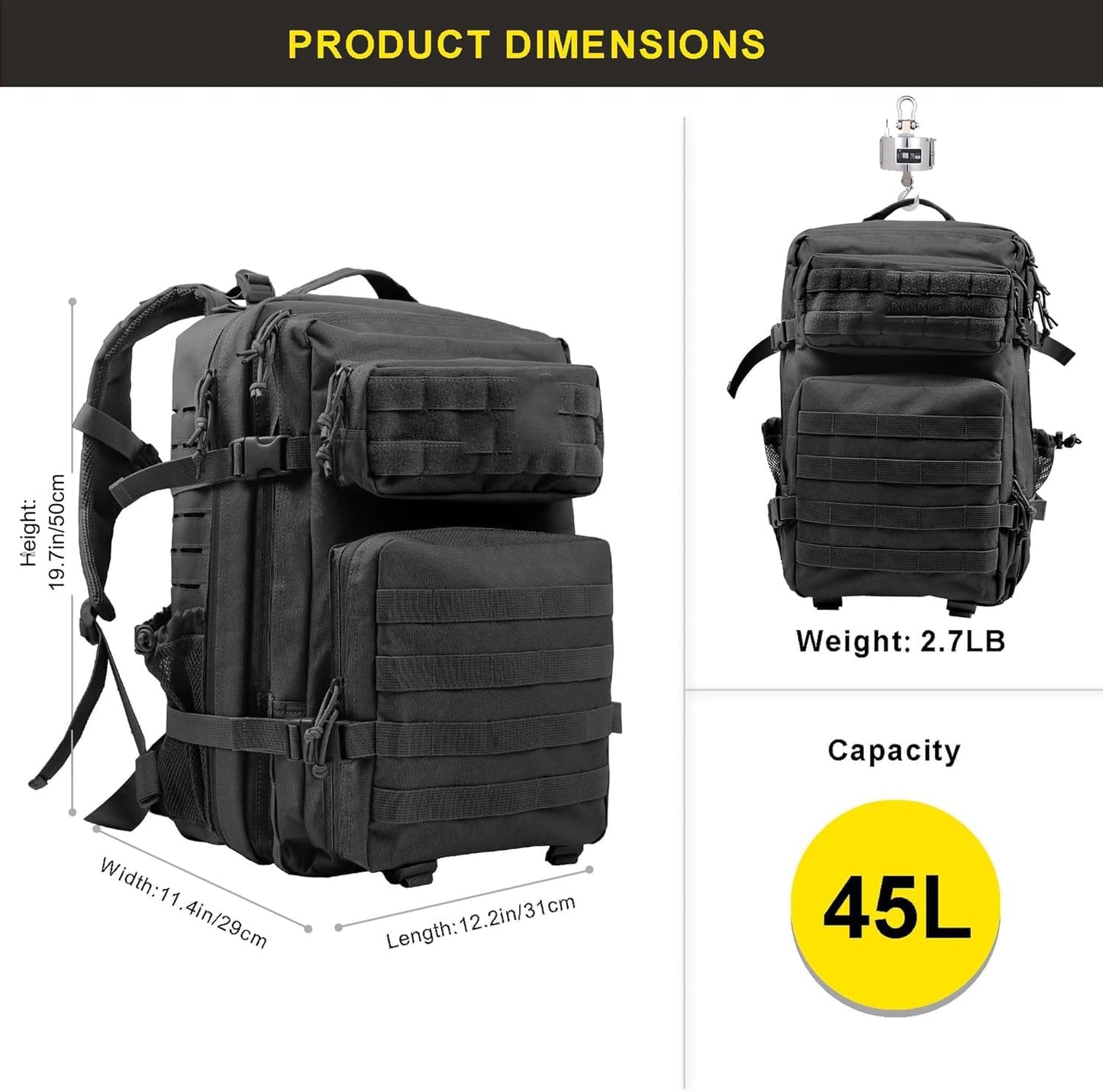 45L Military Tactical Backpack for Men and Women Army 3 Day Assault Pack Bag Large Rucksack with System