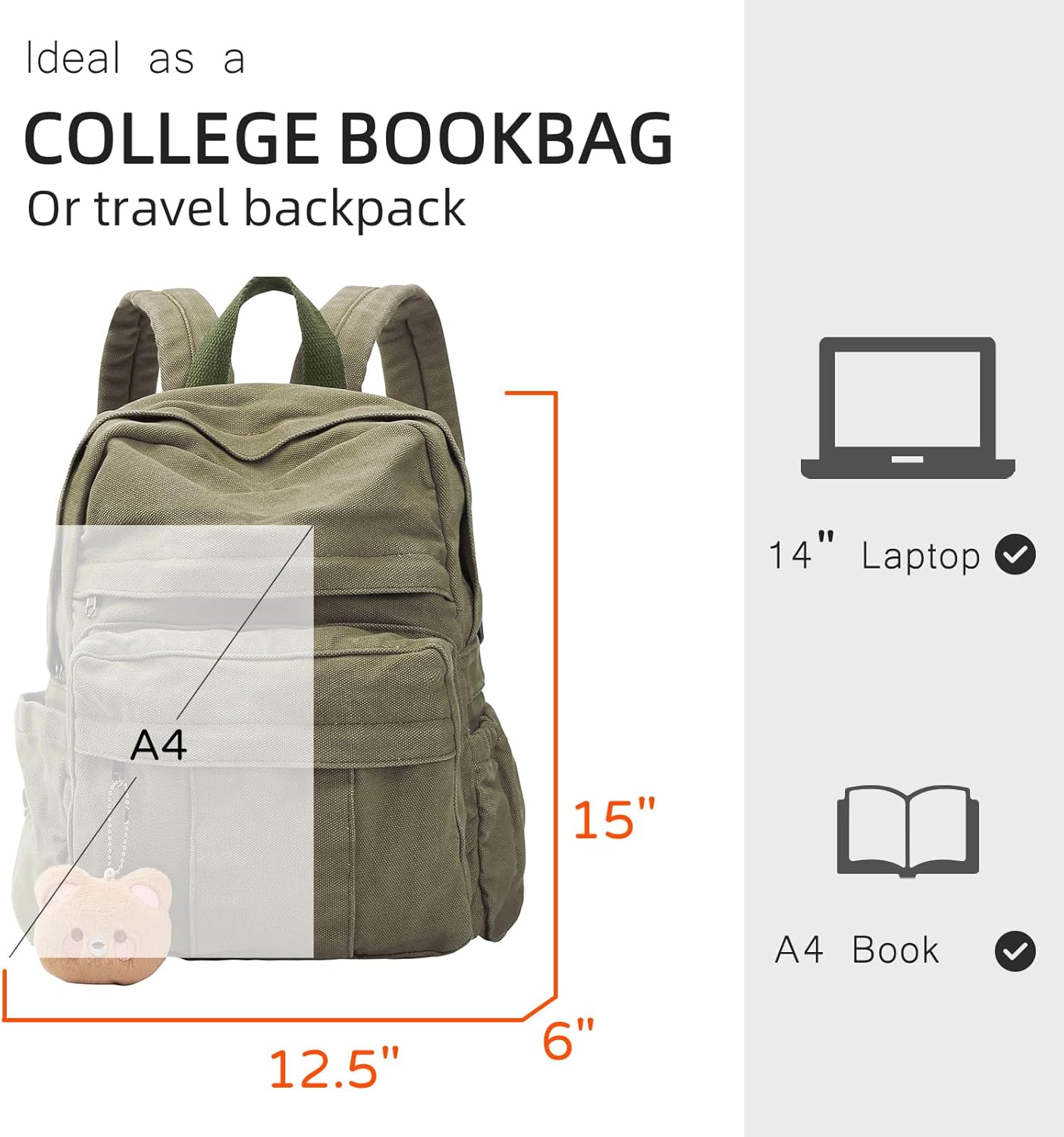 Medium Canvas Laptop Backpack for Women, Girls School Backpacks Vintage College Bookbag, Dark Green