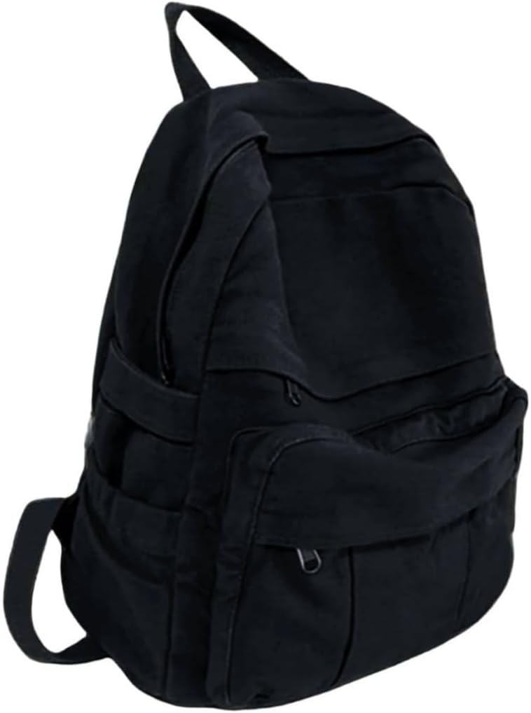 Black Canvas Backpack for Women & Men Retro Aesthetic Rucksack Basic Backpack for High School/College Students Travel Laptop Bag