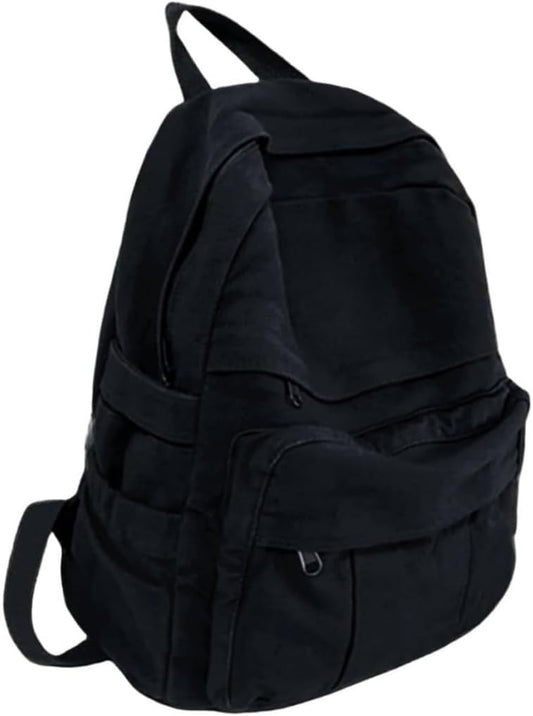 Black Canvas Backpack for Women & Men Retro Aesthetic Rucksack Basic Backpack for High School/College Students Travel Laptop Bag