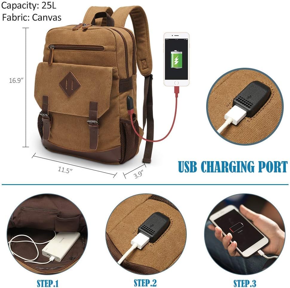 Canvas Backpack for Men Women, Vintage Rucksack Fits Most 15.6 Inch Laptop, Bookbag with  Charging Port, Brown