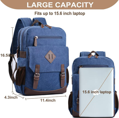 Canvas Vintage Laptop Backpack for Women Men，College Bookbag Fits 15.6 Inch Laptop (Blue)