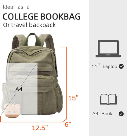 Medium Canvas Laptop Backpack for Women, Girls School Backpacks Vintage College Bookbag, Dark Green