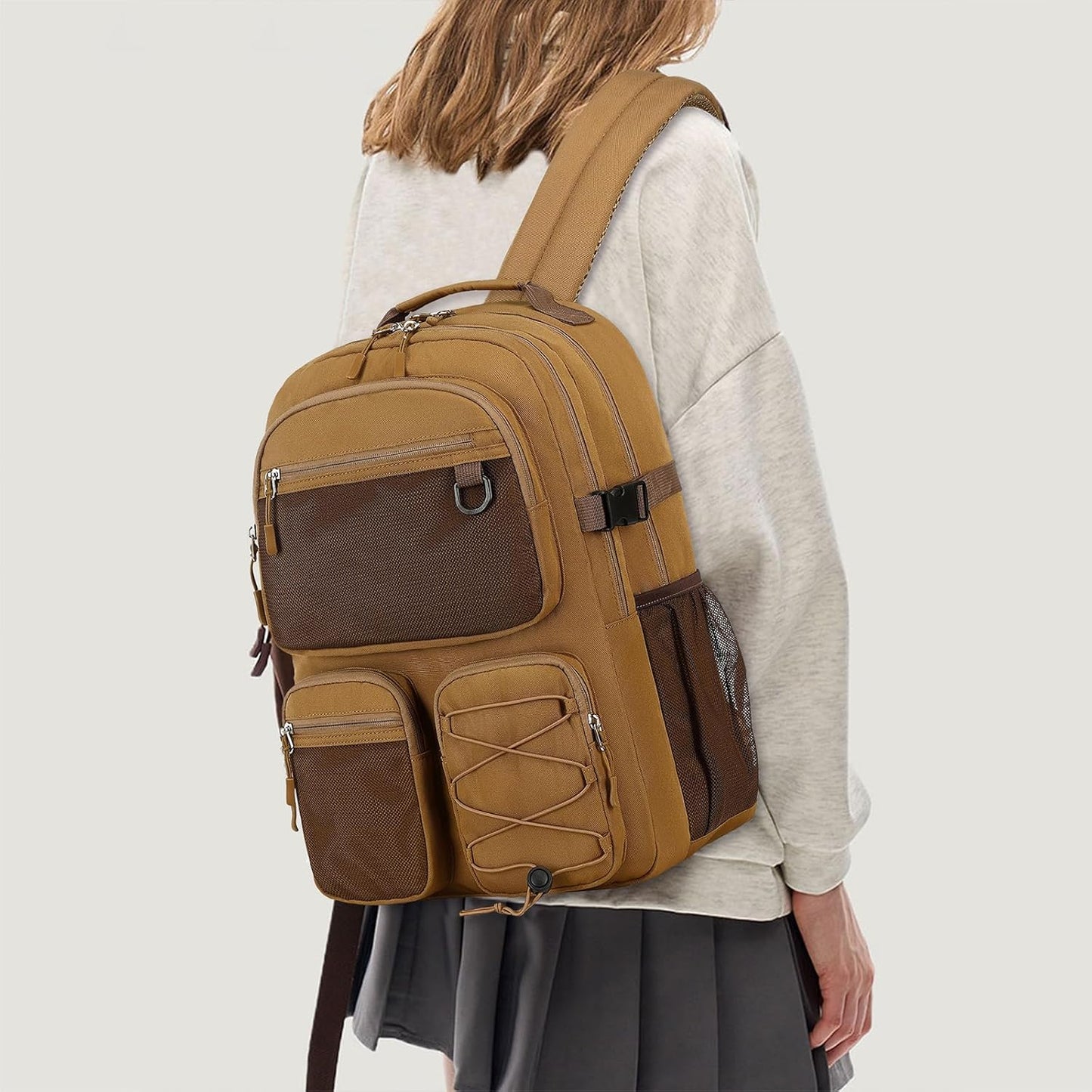 Water Resistant Daypack with Mulitiple Pockets for Travel Outdoor College, 15.6 inch Laptop Backpack for Men and Women (Brown)