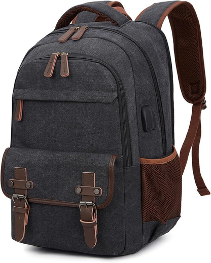 Canvas Laptop Backpack for Men Women,Travel Work Rucksack Fits 15.6 Inch Laptop, Bookbag with  Charging Port
