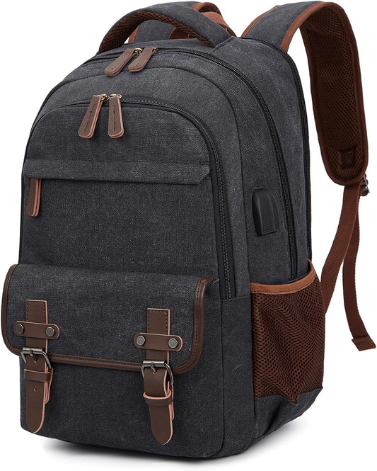 Canvas Laptop Backpack for Men Women,Travel Work Rucksack Fits 15.6 Inch Laptop, Bookbag with  Charging Port
