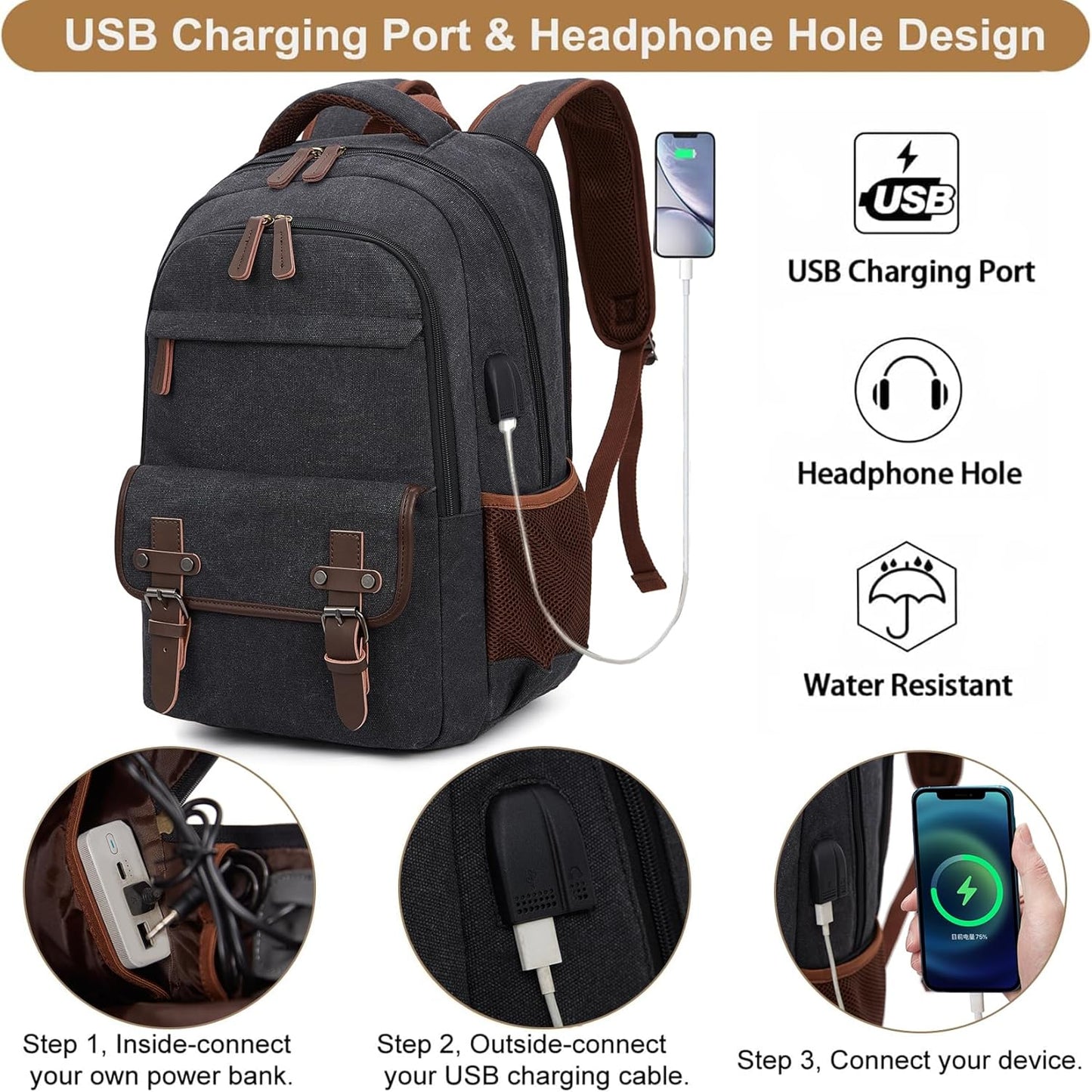 Canvas Laptop Backpack for Men Women,Travel Work Rucksack Fits 15.6 Inch Laptop, Bookbag with  Charging Port