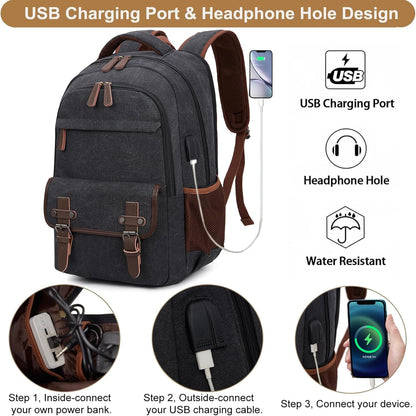 Canvas Laptop Backpack for Men Women,Travel Work Rucksack Fits 15.6 Inch Laptop, Bookbag with  Charging Port